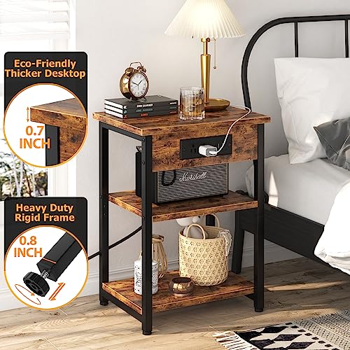 End Tables Set of 2 with Charging Station and USB Ports, 3-Tier Narrow Side Table Bedside Table with Power Outlets for Small Space Living Room Bedroom, Nightstands with Storage Shelves, Rustic Brown