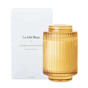 la jolie muse sandalwood & patchouli scented candle, candles for home scented, luxury glass jar candles for gift and home decor, 80 hours long burning