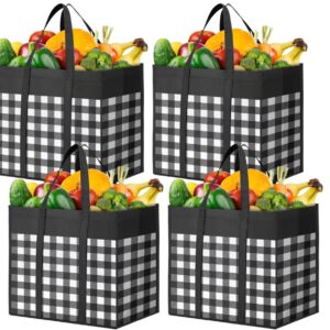 WOWBOX Reusable Grocery Bags,4-Pack, Foldable Reusable Shopping Tote Bags bulk with Reinforced Handles,Large Storage Bags with Water Resistant Coating for Groceries,Multipurpose,Black-White