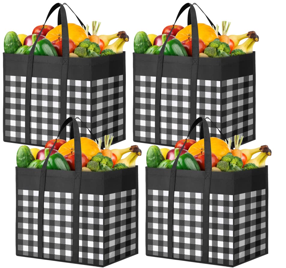 WOWBOX Reusable Grocery Bags,4-Pack, Foldable Reusable Shopping Tote Bags bulk with Reinforced Handles,Large Storage Bags with Water Resistant Coating for Groceries,Multipurpose,Black-White