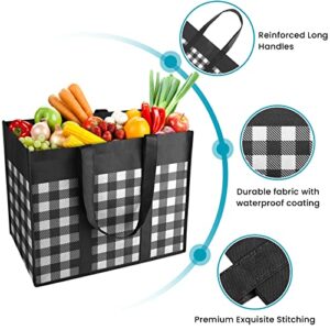 WOWBOX Reusable Grocery Bags,4-Pack, Foldable Reusable Shopping Tote Bags bulk with Reinforced Handles,Large Storage Bags with Water Resistant Coating for Groceries,Multipurpose,Black-White