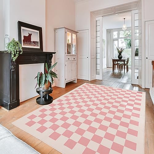 TRUEDAYS Area Rug 5x7 Modern Pink Checkered Rug for Living Room and Bedroom Soft Washable Rug with Non-Slip Backing, Soft Low Pile Checkboard Area Rug Carpet for Indoor Use