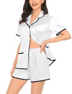 swomog womens silk satin pajamas set two-piece pj sets sleepwear loungewear button-down pj sets white