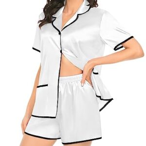 SWOMOG Womens Silk Satin Pajamas Set Two-piece Pj Sets Sleepwear Loungewear Button-Down Pj Sets White