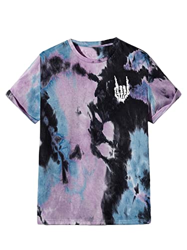 Verdusa Men's Tie Dye Short Sleeve Round Neck Tee Top Black Purple M