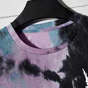 Verdusa Men's Tie Dye Short Sleeve Round Neck Tee Top Black Purple M