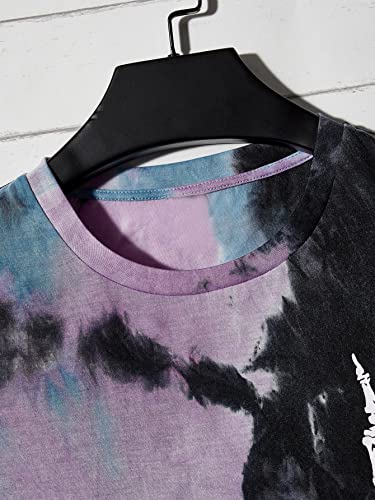 Verdusa Men's Tie Dye Short Sleeve Round Neck Tee Top Black Purple M