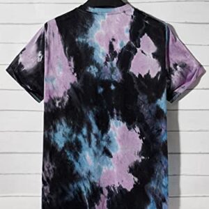 Verdusa Men's Tie Dye Short Sleeve Round Neck Tee Top Black Purple M