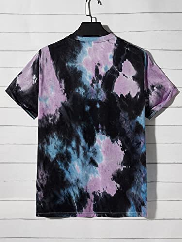 Verdusa Men's Tie Dye Short Sleeve Round Neck Tee Top Black Purple M