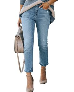 lesore womens high waist washed raw hem boyfriend ripped distressed destroyed straight leg cropped jeans denim pants pockets blue 29
