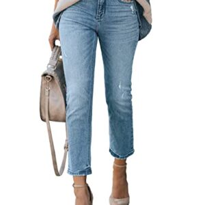 Lesore Womens High Waist Washed Raw Hem Boyfriend Ripped Distressed Destroyed Straight Leg Cropped Jeans Denim Pants Pockets Blue 29