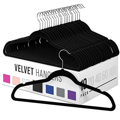 Velvet Hangers 10 Pack Black – Heavy Duty Velvet Clothes Hangers - Non Slip Felt Coat and Suit Hangers for Closet - Lightweight Thin Space Saving Ganchos para Colgar Ropa (Shallow Notch)