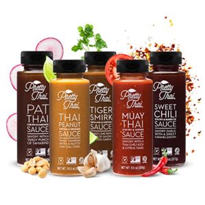 pretty thai sauce bundle | sweet chili + thai peanut sauce + pat thai + muay thai + tiger smirk | gluten free certified non-gmo authentic condiment for stir fry seasoning dipping