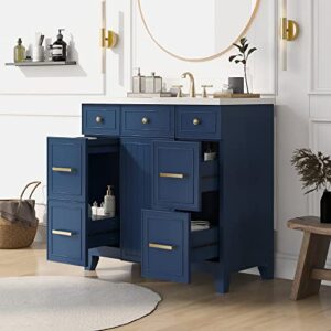 merax 36" bathroom vanity cabinet with sink top combo set, single sink, shaker cabinet with soft closing door and drawer, navy blue