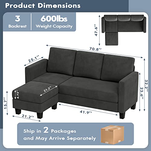 YESHOMY Convertible Sectional Small Sofa L-Shaped Couch Seat with Modern Linen Fabric, for Living Room, Apartment,Study and Office, 70", Dark Gray