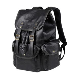 leather 15.6 inch laptop backpack hiking camping backpack satchel bookbag travel business casual backpack cn-01 (black)