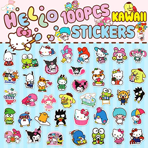 100Pcs Cute Kawaii Stickers for Teens, Cartoon Water Bottle Stickers, Waterproof Vinyl Japanese Anime Sticker Pack for Kids Girls Laptop, Phone, Luggage, Skate, Guitar, Helmet