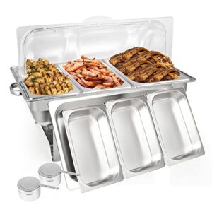 restlrious chafing dish buffet set with roll top plastic cover, stainless steel 8 qt rectangular chafers and buffet warmers set w/3 third size food pan, water pan, fuel can for catering event party