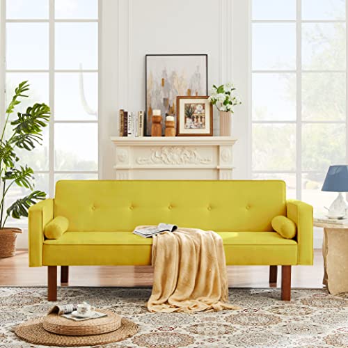 MWrouqfur Modern Fabric Sofa Bed Futon,Convertible Sleeper Loveseat with 2 Pillows and Armrests,75" Folding Recliner Couch Bed with Solid Wood Legs for Living Room Apartments Office (Yellow)