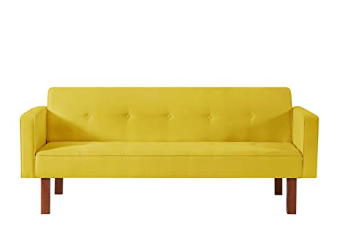 MWrouqfur Modern Fabric Sofa Bed Futon,Convertible Sleeper Loveseat with 2 Pillows and Armrests,75" Folding Recliner Couch Bed with Solid Wood Legs for Living Room Apartments Office (Yellow)