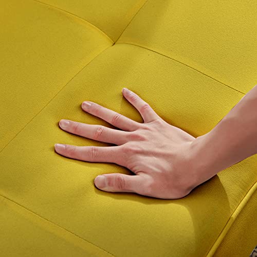 MWrouqfur Modern Fabric Sofa Bed Futon,Convertible Sleeper Loveseat with 2 Pillows and Armrests,75" Folding Recliner Couch Bed with Solid Wood Legs for Living Room Apartments Office (Yellow)