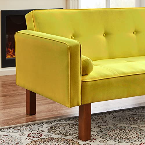 MWrouqfur Modern Fabric Sofa Bed Futon,Convertible Sleeper Loveseat with 2 Pillows and Armrests,75" Folding Recliner Couch Bed with Solid Wood Legs for Living Room Apartments Office (Yellow)
