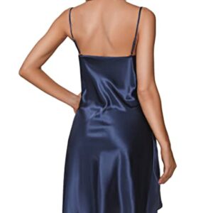 Litherday Women Sexy Lingerie Satin Nightgown Silk Chemise Mini Slips Cowl Neck Negligee Sleepwear with Adjustable Straps Navy blue X-Large