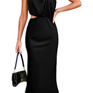 PRETTYGARDEN Women's Sleeveless Cocktail Dress Satin Mock Neck Cut Out Midi Wedding Guest Dresses Black