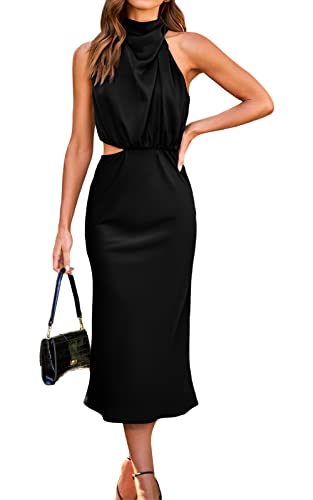 PRETTYGARDEN Women's Sleeveless Cocktail Dress Satin Mock Neck Cut Out Midi Wedding Guest Dresses Black