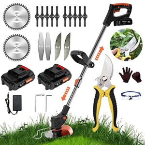 weed wacker 24v weed eater brush cutter, electric cordless string trimmer with 2 batteries, charger, 3 types blades, battery powered, lightweight