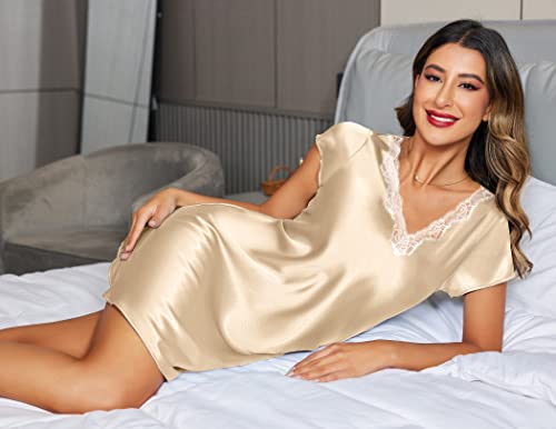 Ekouaer Women Satin Nightgown Lace Silk Sleepwear Chemise Short Sleeves Sleepshirt Sexy V Neck Sleepdress(Champagne,L)