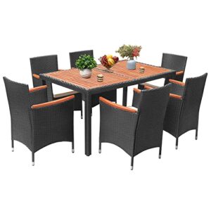 flamaker 7 piece patio dining set outdoor acacia wood table and chairs with soft cushions wicker patio furniture for deck, backyard, garden