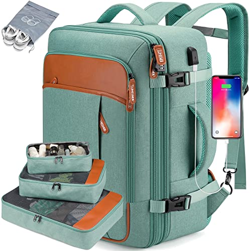 Carry on Backpack, Extra Large 40L Flight Approved Travel Backpack for Men & Women,Expandable Large Suitcase Backpacks With 4 Packing Cubes,Water Resistant Luggage Daypack Business Weekender Bag,Green