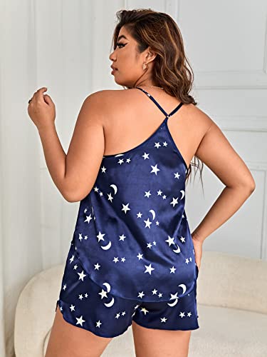 MakeMeChic Women's Plus Size 2 Piece Satin Pajamas Star Moon Print Silk Cami Top Shorts Pj Set Sleepwear Navy Blue 1XL