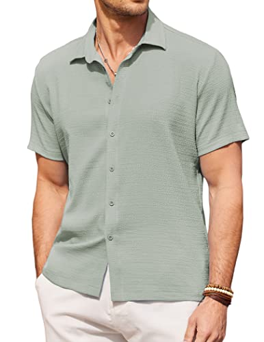 COOFANDY Men's Casual Short Sleeve Button Down Shirt Textured Summer Beach Shirt Light Green