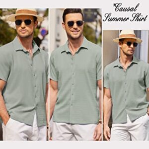 COOFANDY Men's Casual Short Sleeve Button Down Shirt Textured Summer Beach Shirt Light Green