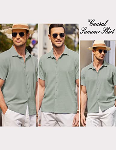 COOFANDY Men's Casual Short Sleeve Button Down Shirt Textured Summer Beach Shirt Light Green