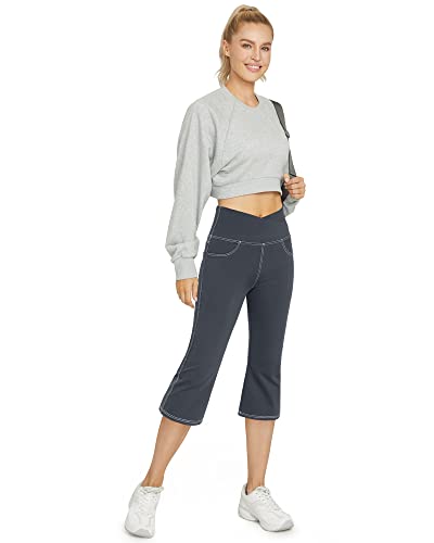 G4Free Flare Capri Pants for Women Cross Waist Bootcut Yoga Crop Pants with 4 Pockets High Waist Bootleg Leggings for Casual Workout (Grey,M)