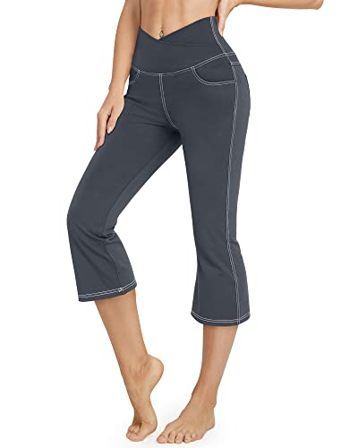 G4Free Flare Capri Pants for Women Cross Waist Bootcut Yoga Crop Pants with 4 Pockets High Waist Bootleg Leggings for Casual Workout (Grey,M)