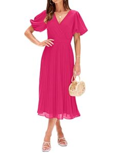 merokeety summer dress for women 2023 wrap v neck bubble sleeve pleated party midi dresses,hotpink,s