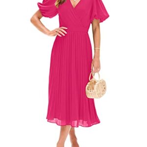 MEROKEETY Summer Dress for Women 2023 Wrap V Neck Bubble Sleeve Pleated Party Midi Dresses,HotPink,S