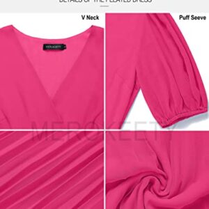 MEROKEETY Summer Dress for Women 2023 Wrap V Neck Bubble Sleeve Pleated Party Midi Dresses,HotPink,S