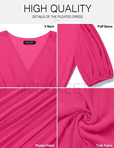 MEROKEETY Summer Dress for Women 2023 Wrap V Neck Bubble Sleeve Pleated Party Midi Dresses,HotPink,S