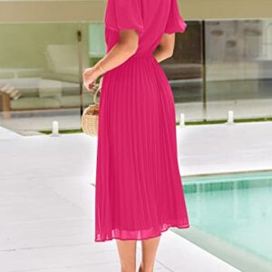 MEROKEETY Summer Dress for Women 2023 Wrap V Neck Bubble Sleeve Pleated Party Midi Dresses,HotPink,S