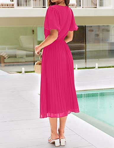 MEROKEETY Summer Dress for Women 2023 Wrap V Neck Bubble Sleeve Pleated Party Midi Dresses,HotPink,S