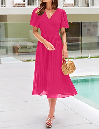 MEROKEETY Summer Dress for Women 2023 Wrap V Neck Bubble Sleeve Pleated Party Midi Dresses,HotPink,S