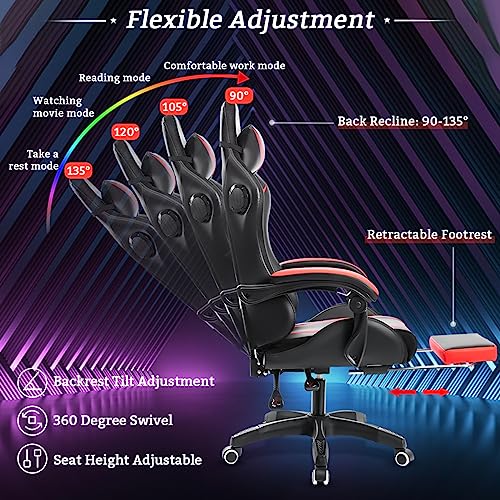 HOFFREE Gaming Chair Massage with Bluetooth Speakers and Lights Ergonomic Computer Gaming Chair with Footrest LED RGB Lights Music Video Game Chair with High Back Lumbar Support Red and Black