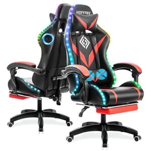 hoffree gaming chair massage with bluetooth speakers and lights ergonomic computer gaming chair with footrest led rgb lights music video game chair with high back lumbar support red and black