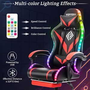 HOFFREE Gaming Chair Massage with Bluetooth Speakers and Lights Ergonomic Computer Gaming Chair with Footrest LED RGB Lights Music Video Game Chair with High Back Lumbar Support Red and Black