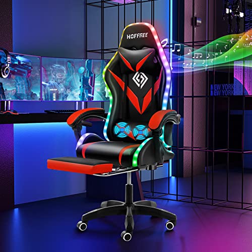 HOFFREE Gaming Chair Massage with Bluetooth Speakers and Lights Ergonomic Computer Gaming Chair with Footrest LED RGB Lights Music Video Game Chair with High Back Lumbar Support Red and Black